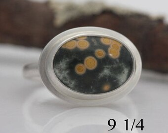 Ocean jasper and sterling silver ring, size 9 1/4, #838.