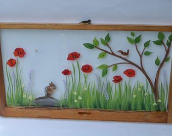 Hand Painted Window/Chipmunk/Poppies/Wren/Old Windows/Vintage Windows