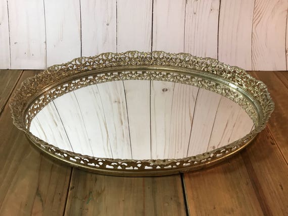 Vintage Mirrored Vanity Tray Gold Filigree Oval Decorative Like this item? - Vintage Mirrored Vanity Tray Gold Filigree Oval Decorative
