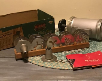 Vintage Mirro Cookie Press with wooden stand, and original box bottom
