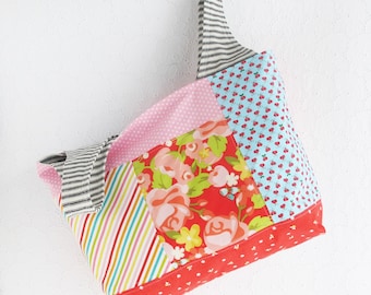 Patchwork Tote Bag | Colorful handbag to use for a reuseable market tote or grocery shopping bag, carry all, project tote or storage bag.
