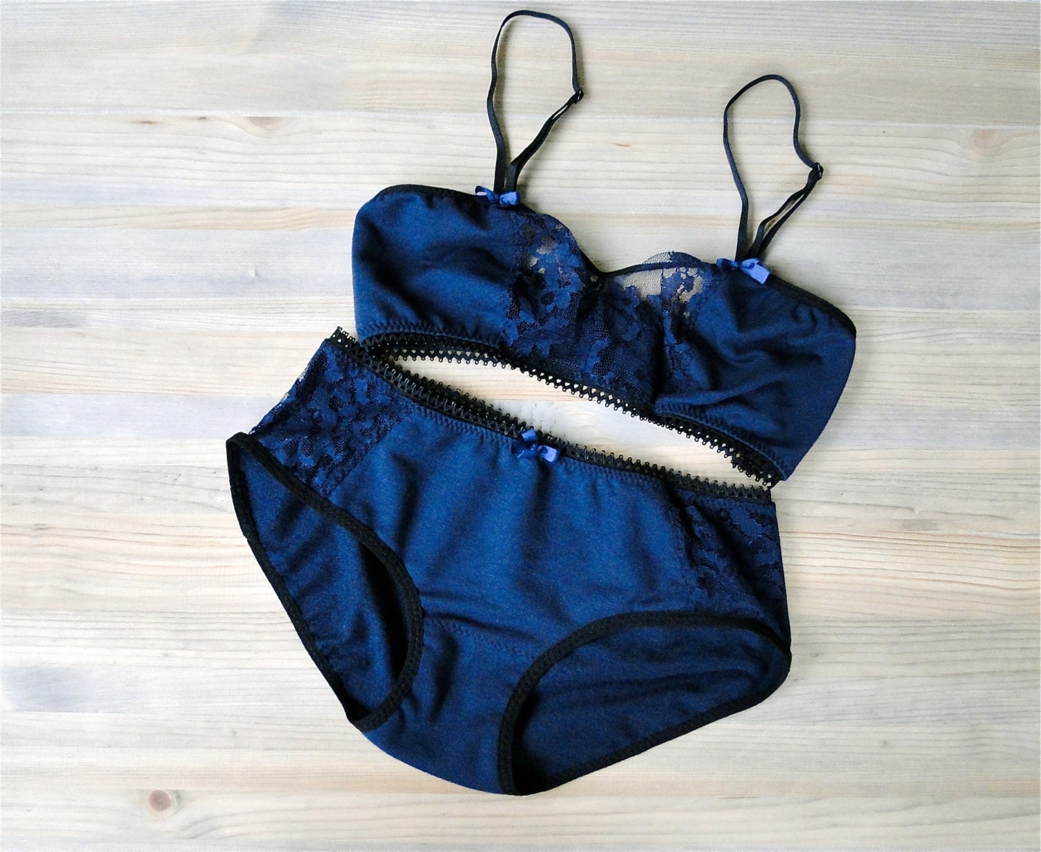 Organic cotton bralette and panties set navy lace soft bra