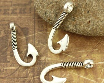 10 Fish Hook Charms Fish Hook Pendants Antiqued Silver Tone Double Sided 14 x 25 mm