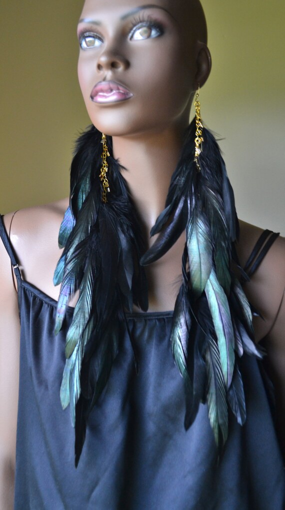 Extra Long Black Feather Earrings