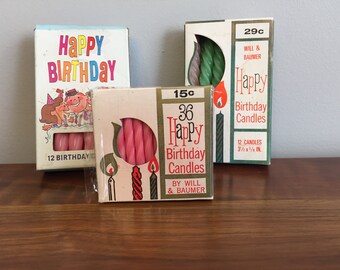 Vintage birthday candles / 3 original boxes of 1950s-1960s Happy Birthday wax candles / Columbia Wax Products / Will & Baumer Candle Company