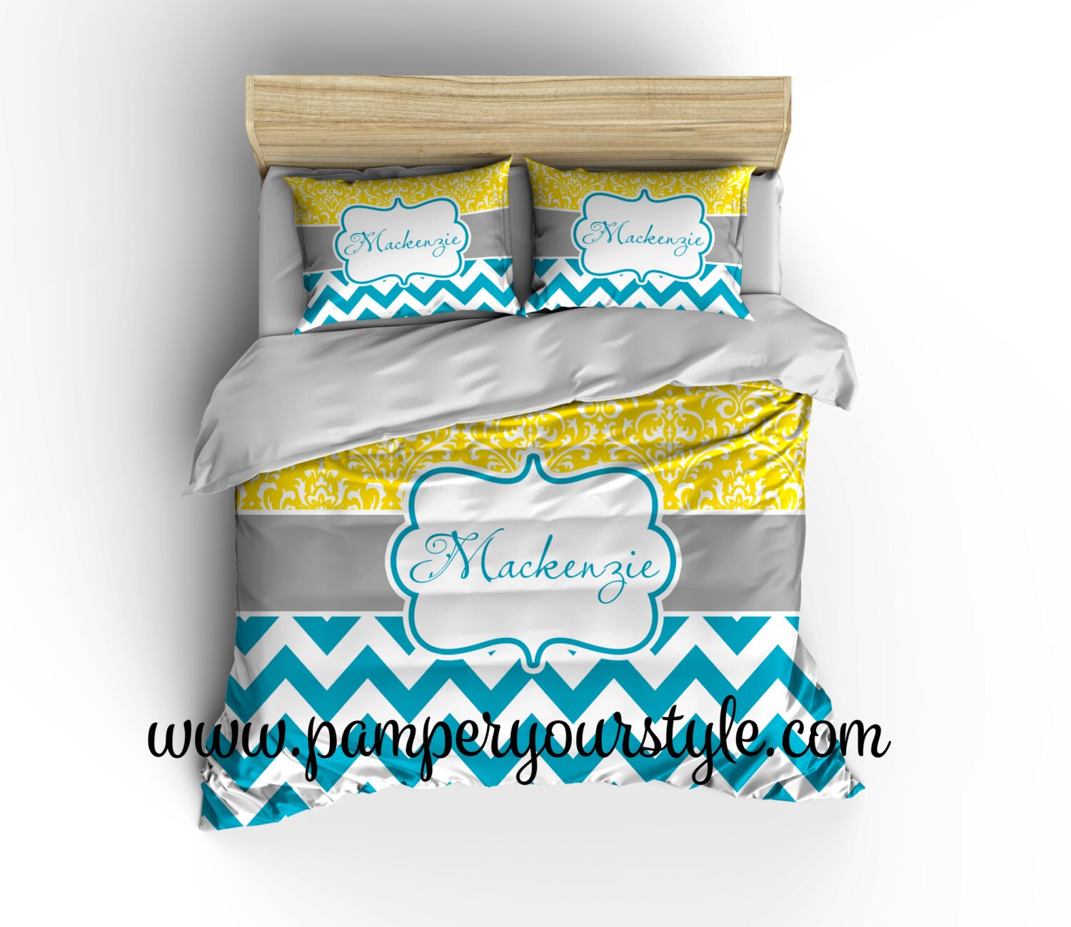 Chevron and Damask Yellow and Turquoise Bedding Duvet Cover or
