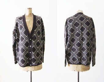 Vintage Cardigan - Grunge Cardigan - Grandpa Cardigan - Brown Wool Cardigan - Argyle Plaid Sweater - Joseph Magnin - Mens Cardigan Large
