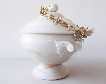 French Antique White Ironstone Soup Tureen Serving Bowl Tea Stained