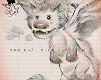 Organic Sketch Digital Stamp- 'Fluffy' the Fluff Dragon -300dpi JPG/PNG files -DEC17002