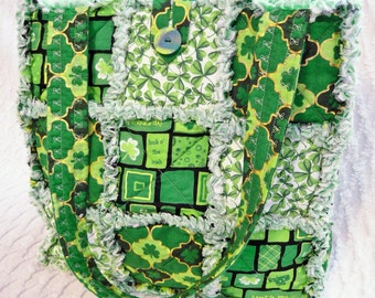 St. Patricks Rag Quilt Tote - Irish Tote - Green Rag Tote - Shamrocks - Clover - Handmade Bag