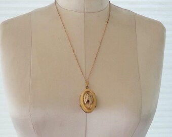 Large Antique Tricolor Gold (GP and GF) Victorian Locket Gold Filled Chain Necklace Etruscan Details Wire Work