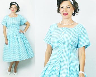 1950s Dress / 50s Dress / Drop Waist / Gingham / Full Skirt / Volup / Plus Size Dress / 1950s Plus Size / 50s Plus Size / Bust 45" Waist 40
