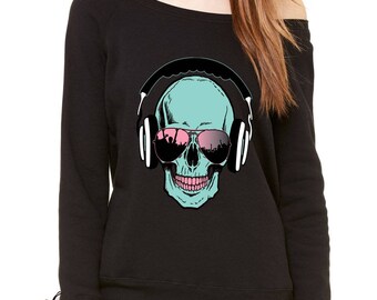 Skull DJ Earphones Slouchy Off Shoulder Oversized Sweatshirt