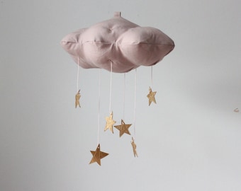 Dusty Pink Gold Star Cloud Mobile- modern fabric sculpture for nursery decor in linen and metallic faux leather- Free US Shipping