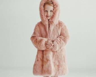 Pink fur coat for kids Fur jacket Long coat Winter Kids coat Baby coat Baby gift Kids clothing Girls coat Rabbit fur coat Girl's fur coat