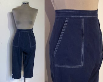 Great 1950s navy cotton high waist side zip capri pants waist 24" from Harrod's
