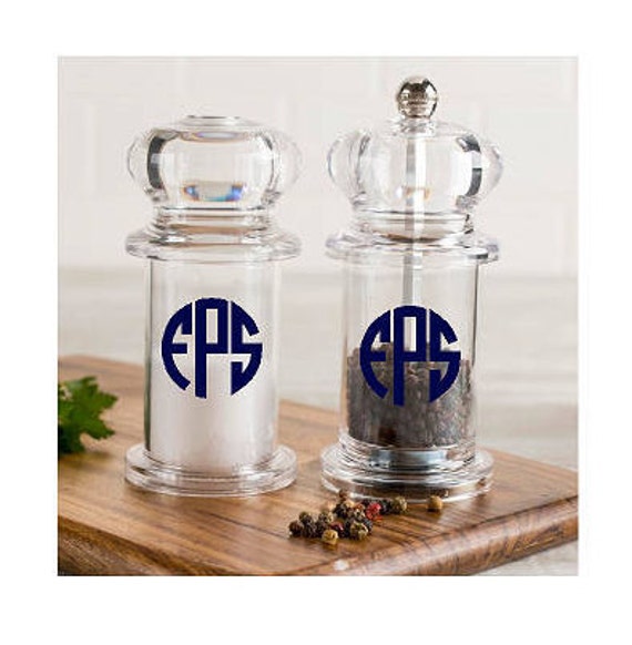 Monogrammed salt and pepper shakers. Personalized clear