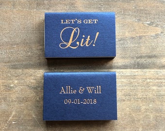 Custom Let's Get Lit! Wedding Classic Box Matches, set of 50 || personalized wedding favors cigar bar matchbook favors foil 01-008-011