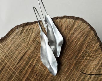 Sterling silver leaf earrings, leaf drop earrings, handcrafted earrings, long leaf dangle earrings