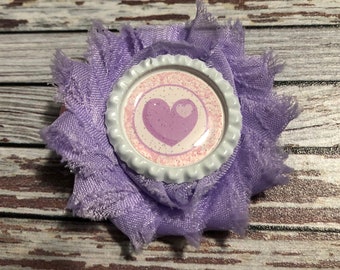 Shabby Flower Hairclip with Heart Bottlecap light purple