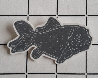 Linoprint goldfish shrink plastic brooch