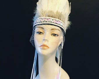 Bridal White Feather Crown Bride Net Festival Wedding Head Dress