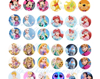 Digital Collage Mix Disney (Minnie, Marie, Princess, Dory...) 3 sheets 108 images 1 inch Cabochon Bottlecap Printable Image clipart Download