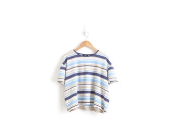 Vintage Striped Shirt Cropped Stripe TShirt Navy Pastel Blue Beige Striped T Shirt Ringer Tee 90s Aesthetic Grunge Shirt Womens Large XL 2XL