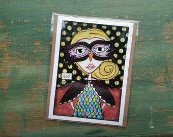 SALE! Halloween Card, Halloween Art, Greeting Card, Note card Sale card Clearance Card, Whimsical Halloween, Whimsical Girl, Owl Girl