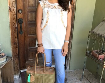 Mexican Blouse, Sleeveless Oaxacan Blouse, Small