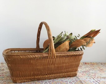 Vintage Woven Rectangular Basket with Handle | Wicker Rattan Bamboo Basket | Vintage Easter Basket | Gathering Basket