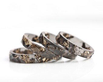Resin Stacking Ring Black Gold Flakes Small Faceted Ring OOAK dark gray glam minimalist jewelry