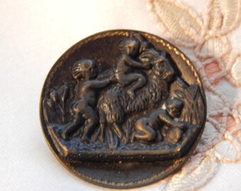 Putti Riding a Ram - Antique Picture Button