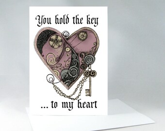 Romantic Card, Wedding Card, Anniversary Card, Valentine Card, I Love You Card, Steampunk Art Card, Love Card, Romance Card, Heart Card 1067