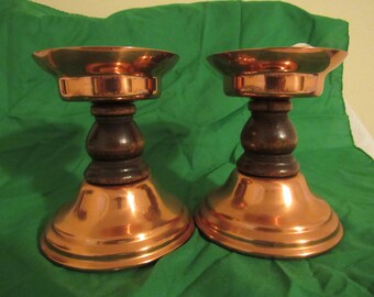 VINTAGE Coppercraft Guild Copper & Wood Candle Holders