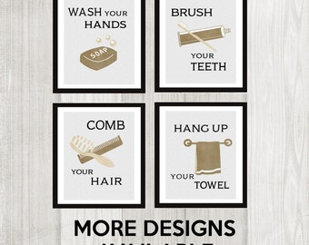 Shabby Chic Bathroom Art, Bathroom Art Prints, Baby Bathroom, Bathroom Rules, Wash Your Hands, SET OF 4, Kids Bathroom Wall Art, Retro, Grey