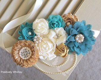 Shades of Teal & Gold Maternity Sash, Boy Maternity Sash, Maternity Sash, Baby Shower Sash, Pregnancy Sash, Belly Sash, RTS, Teal Gold Ivory