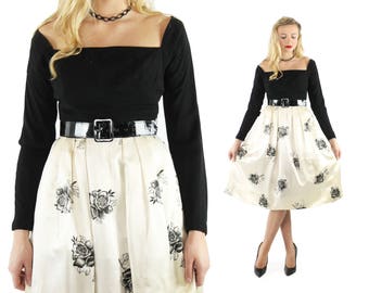 1960s Party Dress Long Sleeves Black White Floral Satin Mr. Mort Pleated Skirt Vintage 1960s Medium M Pinup Rockabilly