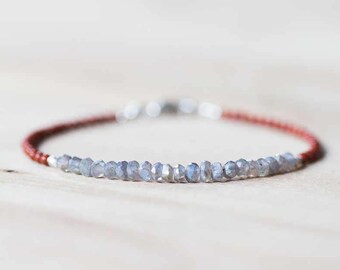 Red Jasper and Labradorite Bracelet, Delicate Gemstone Skinny Bracelet, Labradorite Jewelry, Sterling Silver Red Gemstone Stackable Bracelet