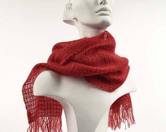 Handwoven red scarf in kidmohair and tencel. Kidmohair scarf, woven by hand, bright red. Little red wrap.