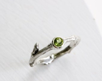 Silver Twig Ring with Peridot, Natural Peridot Silver Twig Ring, August Birthstone