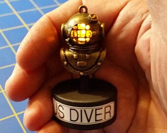 Mini Brass Ox Diving Helmet, Nautical Scuba Divers Accent LED light w Stand, Novelty Gift, Diver enthusiast, custom labeling available