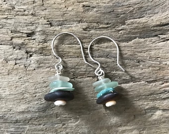 Small blue and brown cairn earrings