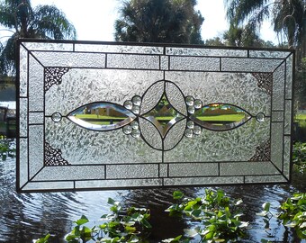 Traditional Vintage Look Bevel & Stained Glass Panel, Antique Home Decor Window Transom, Stained Glass Window Panel, Handmade Glass Valance