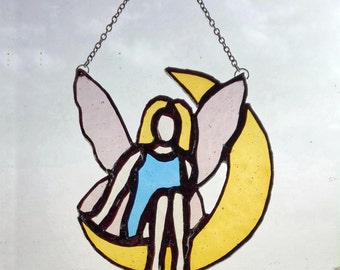 Stained Glass Fairy on the half-moon. Stained Glass home decor, window decor, suncatcher, gift for her