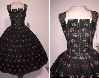 Vintage 50's ROSE Embroidery Silk Organza Party Dress // 1950's Bombshell Couture NWT Original Tags Never Worn Minx Modes Party Dress
