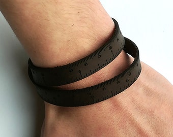 Tape measure bracelet, wrist ruler, leather tape measure accessory, sewing, knitting, crochet, woodwork. Silicone bracelet. Leather key fob.
