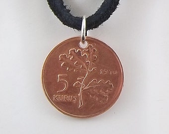 Turkey Coin Necklace, 5 Kurus, Coin Pendant, Leather Cord, Mens Necklace, Womens Necklace, Birth Year, 1970