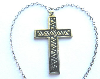Vintage BLACK & SILVER Cross, Etched/Embossed Silvertone Cross and Neck Chain, Classic Cross Pendant Necklace, Mens Cross, Ladies Cross
