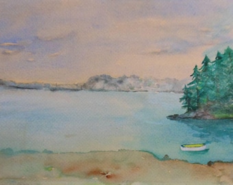 vintage watercolor Maine lake with boat signed